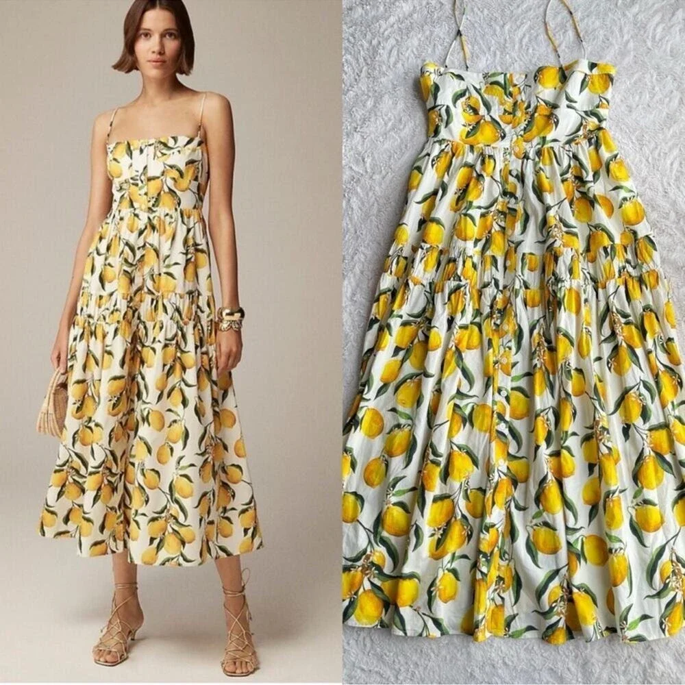 🍋 J. Crew a line midi Lemon limoncello Print Sleeveless Dress 8